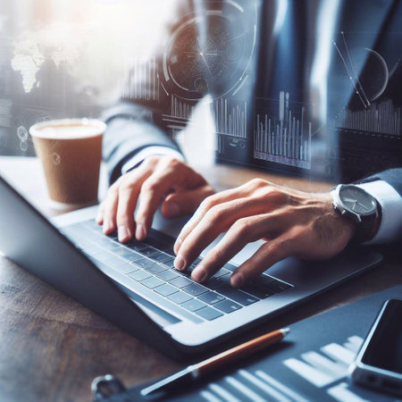 Businessman's hands are using a laptop computer generative ai illustrationの素材