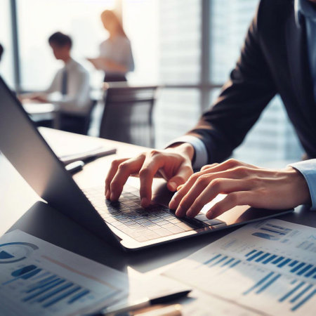 Businessman's hands are using a laptop computer generative ai illustrationの素材