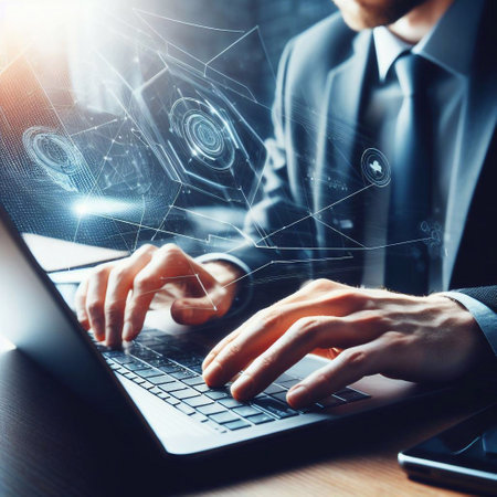 Businessman's hands are using a laptop computer generative ai illustrationの素材