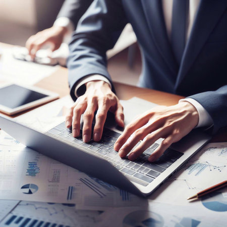Businessman's hands are using a laptop computer generative ai illustrationの素材