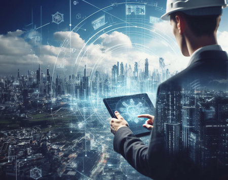 Engineer is using a tablet with a holographic graphic. the background is a large modern city generative ai illustrationの素材