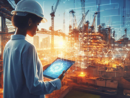 Engineer is using a tablet with a holographic graphic. the background is a large modern city generative ai illustrationの素材