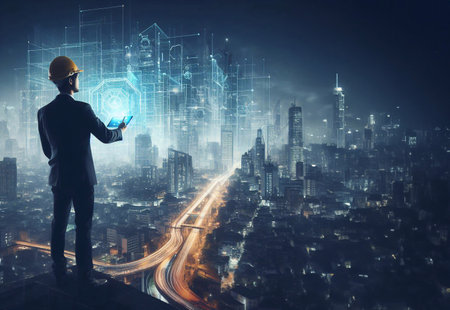 Engineer is using a tablet with a holographic graphic. the background is a large modern city generative ai illustrationの素材