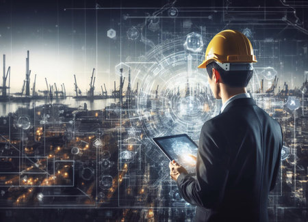 Engineer is using a tablet with a holographic graphic. the background is a large modern city generative ai illustrationの素材