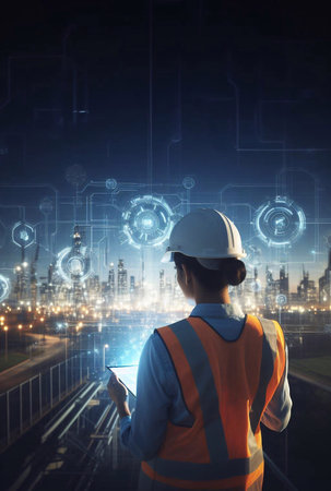 Engineer is using a tablet with a holographic graphic. the background is a large modern city generative ai illustrationの素材