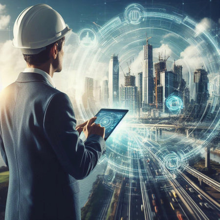 Engineer is using a tablet with a holographic graphic. the background is a large modern city generative ai illustrationの素材