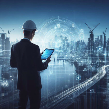 Engineer is using a tablet with a holographic graphic. the background is a large modern city generative ai illustrationの素材