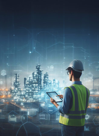 Engineer is using a tablet with a holographic graphic. the background is a large modern city generative ai illustrationの素材