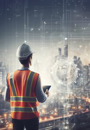 Engineer is using a tablet with a holographic graphic. the background is a large modern city generative ai illustrationの素材
