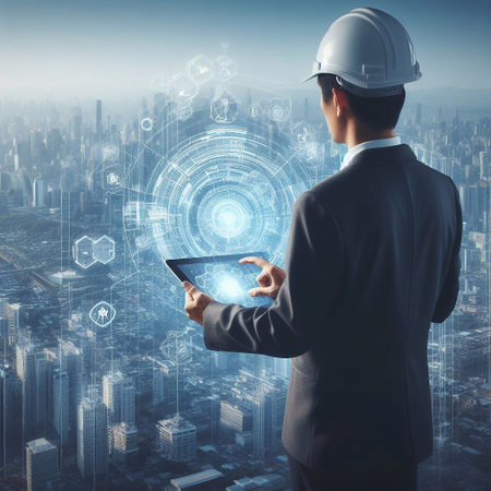 Engineer is using a tablet with a holographic graphic. the background is a large modern city generative ai illustrationの素材