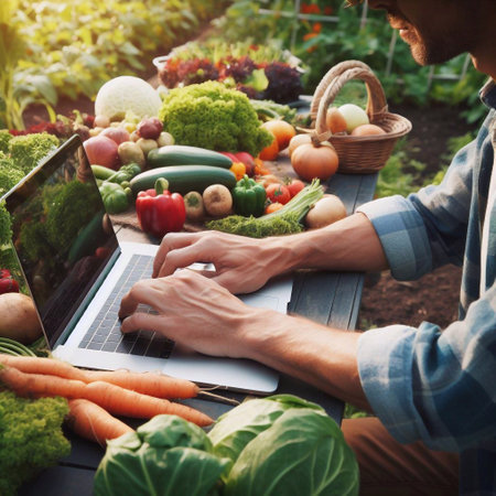 Gardener's a laptop computer, vegetable and fruit garden background generative ai illustrationの素材
