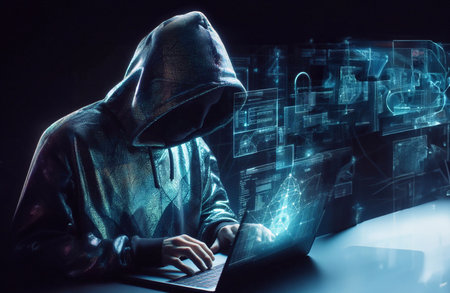 Hacker in mysterious looking hood is using hologram graphics, network password cracking program, generative ai illustrationの素材