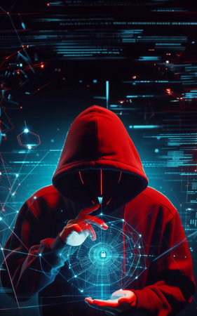 Hacker in mysterious looking hood is using hologram graphics, network password cracking program, generative ai illustrationの素材