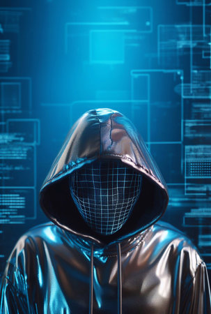 Hacker in mysterious looking hood is using hologram graphics, network password cracking program, generative ai illustrationの素材