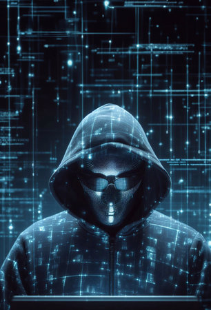 Hacker in mysterious looking hood is using hologram graphics, network password cracking program, generative ai illustrationの素材