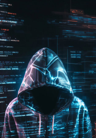 Hacker in mysterious looking hood is using hologram graphics, network password cracking program, generative ai illustrationの素材