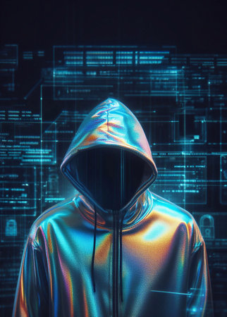 Hacker in mysterious looking hood is using hologram graphics, network password cracking program, generative ai illustrationの素材