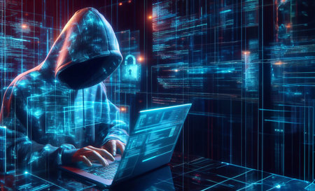 Hacker in mysterious looking hood is using hologram graphics, network password cracking program, generative ai illustrationの素材