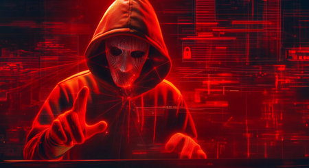 Hacker in mysterious looking hood is using hologram graphics, network password cracking program, generative ai illustrationの素材