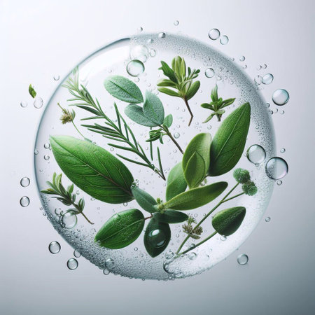 Herbal leaves in bubbles, beauty science herbal medicine white background generative ai illustrationの素材