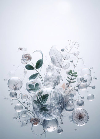 Herbal leaves in bubbles, beauty science herbal medicine white background generative ai illustrationの素材