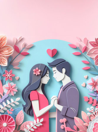 Cute couple, Valentine's Day and wedding, paper art, paper cut generative ai illustration artの素材