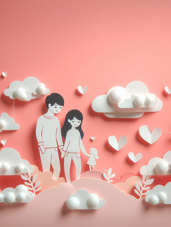 Cute couple, Valentine's Day and wedding, paper art, paper cut generative ai illustration artの素材