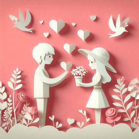 Cute couple, Valentine's Day and wedding, paper art, paper cut generative ai illustration artの素材