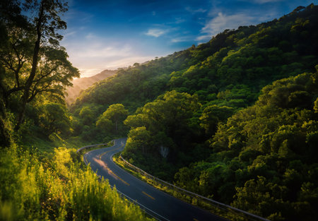 Road scenery in natural with morning sunshine, beautiful sky generative ai illustrationの素材