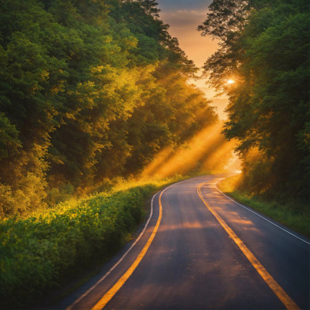 Road scenery in natural with morning sunshine, beautiful sky generative ai illustrationの素材