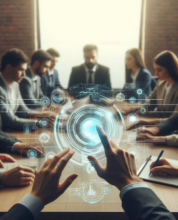 Group of people in modern conference room, closeup hands using holographic graphics generative aiの素材