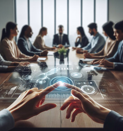 Group of people in modern conference room, closeup hands using holographic graphics generative aiの素材