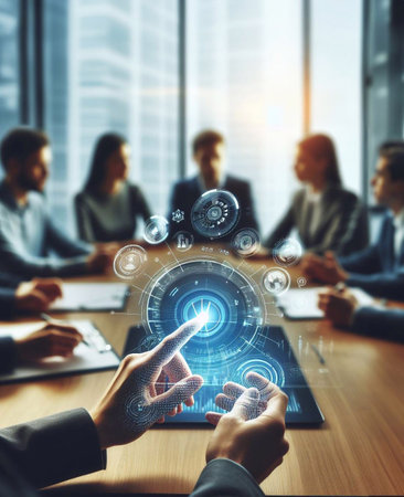 Group of people in modern conference room, closeup hands using holographic graphics generative aiの素材