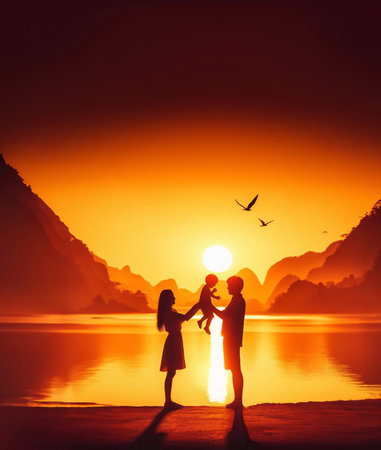 happy family leisure activities, silhouette photos, generative ai illustrationの素材