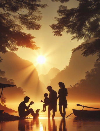 happy family leisure activities, silhouette photos, generative ai illustrationの素材