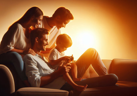 happy family leisure activities, silhouette photos, generative ai illustrationの素材