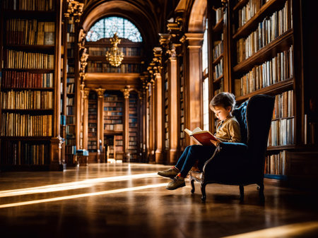 Children sit and read books in a large old library generative ai illustrationの素材