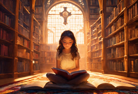 Children sit and read books in a large old library generative ai illustrationの素材
