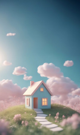 A cute little house in the meadow 3d render style generative ai illustrationの素材