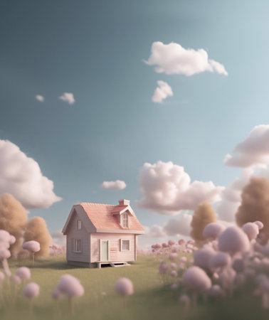 A cute little house in the meadow 3d render style generative ai illustrationの素材
