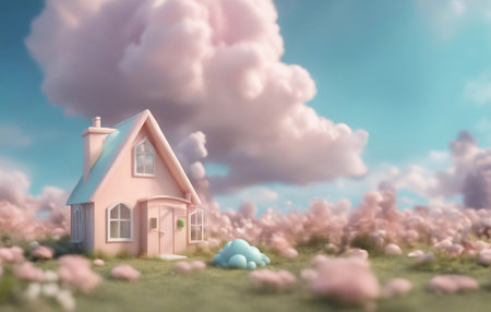 A cute little house in the meadow 3d render style generative ai illustrationの素材