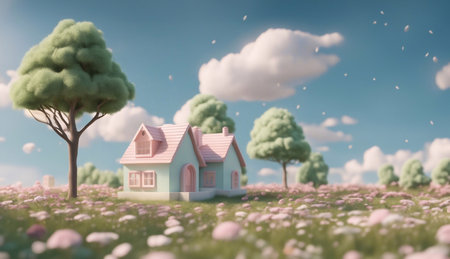 A cute little house in the meadow 3d render style generative ai illustrationの素材