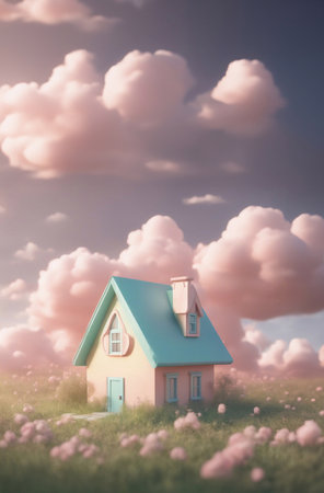 A cute little house in the meadow 3d render style generative ai illustrationの素材