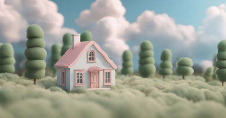 A cute little house in the meadow 3d render style generative ai illustrationの素材