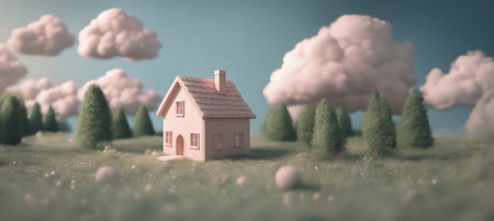 A cute little house in the meadow 3d render style generative ai illustrationの素材
