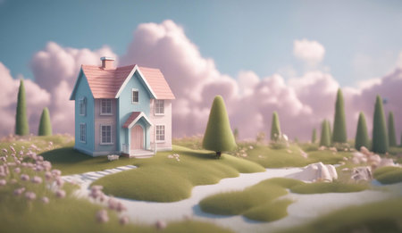 A cute little house in the meadow 3d render style generative ai illustrationの素材