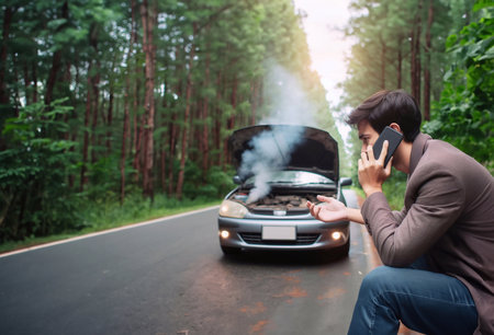 A man car breaks down on the forest road and calls for help.generative aiの素材