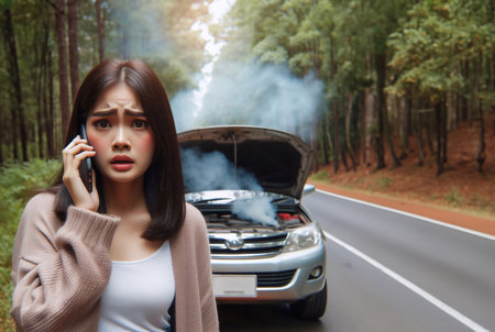 A woman's car breaks down on the forest road and calls for help.generative aiの素材