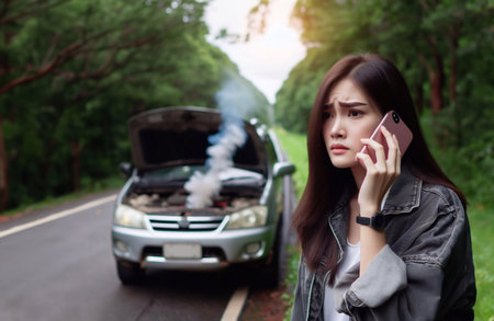 A woman's car breaks down on the forest road and calls for help.generative aiの素材
