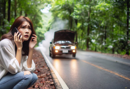A woman's car breaks down on the forest road and calls for help.generative aiの素材